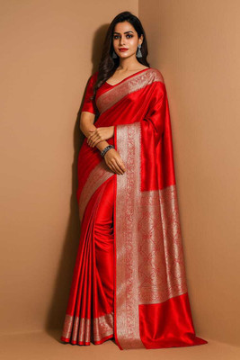 Sijileen Solid/Plain Banarasi Satin, Silk Blend Saree(Red)