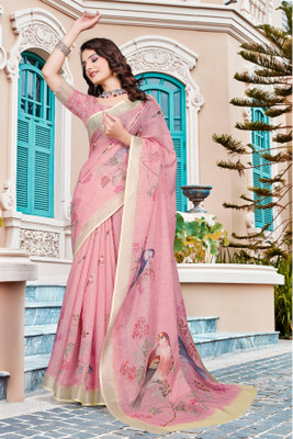 Vinayak Textile Printed Bollywood Linen Saree(Pink)