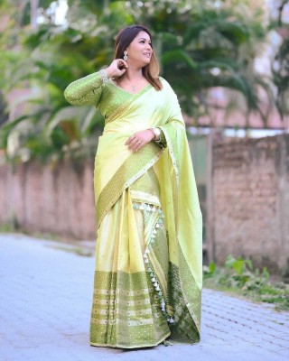 YASA CREATION Woven Mekhela Chador Pure Silk Saree(Light Green)