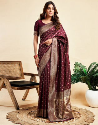 Samah Woven, Embellished Banarasi Silk Blend, Jacquard Saree(Brown)