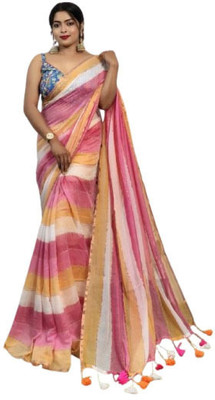 ANU INDIAN FASHION Striped Handloom Cotton Blend Saree(Multicolor)