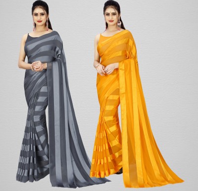 kashvi sarees Striped Bollywood Satin Saree(Pack of 2, Grey, Yellow)