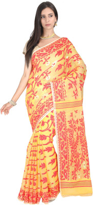 ASHMITAS COLLECTION Woven Jamdani Cotton Silk Saree(White, Gold, Orange)