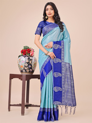 Tasrika Woven Banarasi Cotton Silk Saree(Blue)