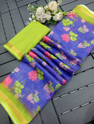 Saaransh Floral Print Kanjivaram Linen, Cotton Silk Saree(Blue)