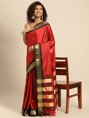 HouseOfCommon Woven, Embellished, Checkered Bollywood Cotton Silk, Jacquard Saree(Red, Black, Gold)