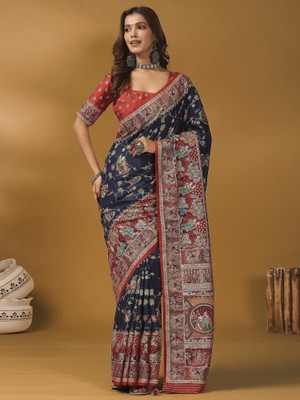 Sareemall Digital Print Banarasi Viscose Rayon Saree(Dark Blue)