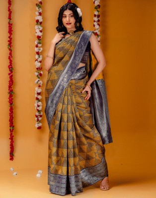 Samah Woven, Embellished, Printed Bollywood Art Silk, Silk Blend Saree(Blue, Yellow)