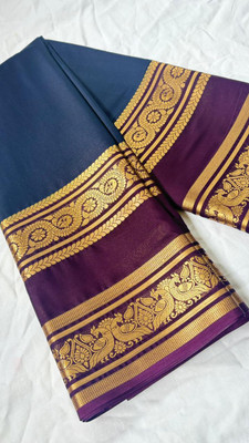 RCCOLLECTION Self Design, Floral Print, Solid/Plain Mysore Crepe Saree(Blue)