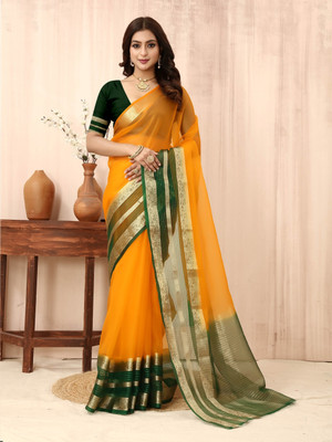 sadika Printed Bollywood Organza, Cotton Linen Saree(Yellow, Dark Green)