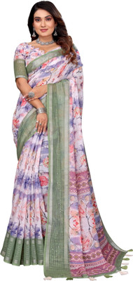 Shreeji Designer Digital Print Bollywood Cotton Linen Saree(Green, Blue)