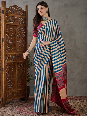 HouseOfCommon Striped, Digital Print Bollywood Silk Blend Saree(Blue, Cream)