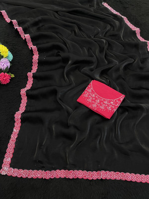 JENNYFEB Solid/Plain Bollywood Organza Saree(Black)