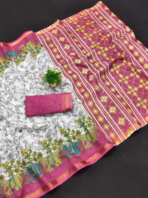 Saaransh Floral Print Kanjivaram Linen, Cotton Silk Saree(White)