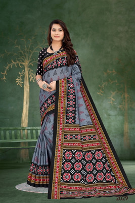 Shivestore Printed Handloom Pure Cotton Saree(Grey)