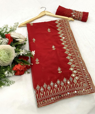 Disha Fashion Embroidered Banarasi Georgette Saree(Red)