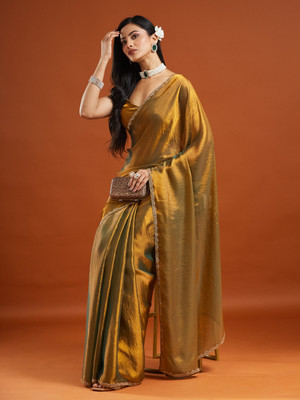 Gyavali Solid/Plain Bollywood Silk Blend, Organza Saree(Gold)