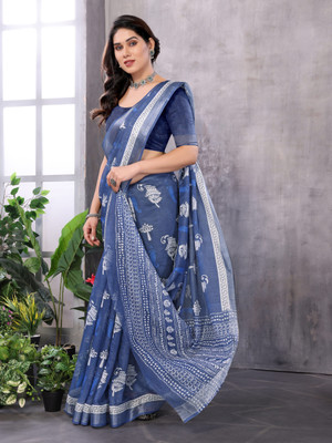 Soor Panchi Floral Print Bollywood Cotton Linen Saree(Blue)