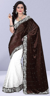 GUNHILD Self Design, Solid/Plain Banarasi Velvet, Brasso Saree(Brown, White)
