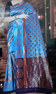 Avaneesh Fashions Graphic Print Murshidabad Dupion Silk Saree(Blue)
