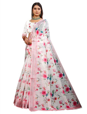 HangerStories Printed Kanjivaram Pure Cotton, Cotton Linen Saree(White, Pink)