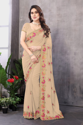 KHRITI FAB Embroidered Bollywood Georgette Saree(Cream)