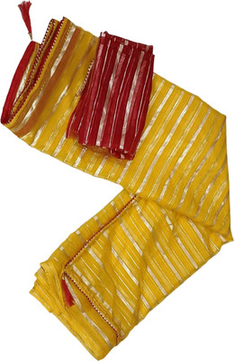 GoVika Striped Bollywood Organza Saree(Yellow)