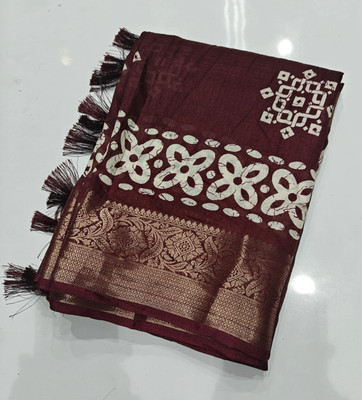 J6 Designers Printed Hand Batik Cotton Silk Saree(Maroon)