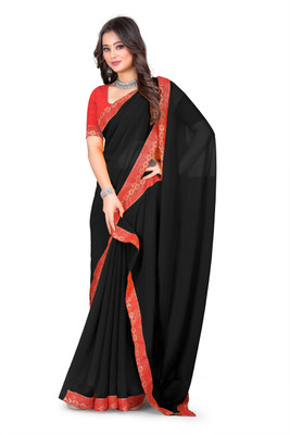 Kasumbo Tex Solid/Plain Banarasi Georgette Saree(Black)