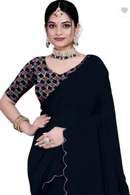 Bollytrend Solid/Plain Bollywood Georgette, Silk Blend Saree(Black)