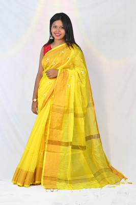 Ahana Textile Solid/Plain Handloom Cotton Linen Saree(Yellow)