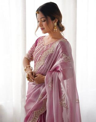 Satrani Embroidered Bollywood Tissue, Silk Blend Saree(Pink)