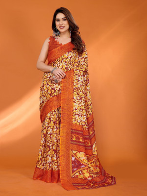 Vedant Vastram Printed Kota Doria Cotton Blend Saree(Orange)