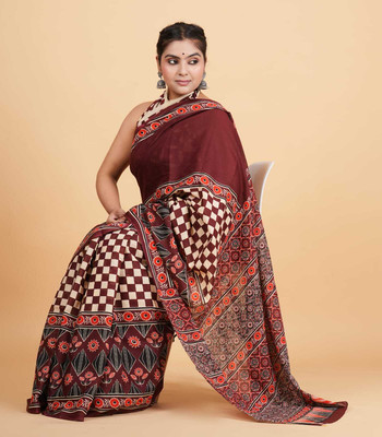 Shree Shyam Creations Geometric Print Ikkat Cotton Blend Saree(Brown)