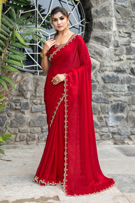 M.S.RETAIL Embellished Bollywood Satin Saree(Red)