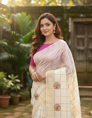 sarvasiddi fashions Checkered, Embroidered, Floral Print, Woven Handloom Cotton Silk Saree(Cream)