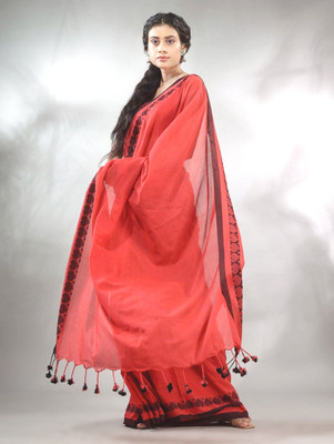SAPTAK FASHION Woven Handloom Cotton Blend Saree(Red)
