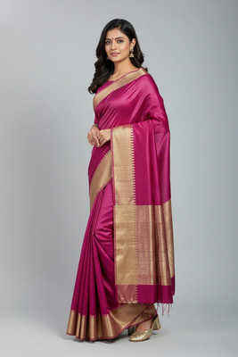 Fabloom Woven, Solid/Plain, Self Design Bhagalpuri Handloom Tissue Saree(Magenta, Gold)
