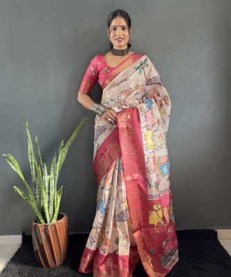 KRISHU ETHNICS Printed Kalamkari Art Silk Saree(Multicolor)