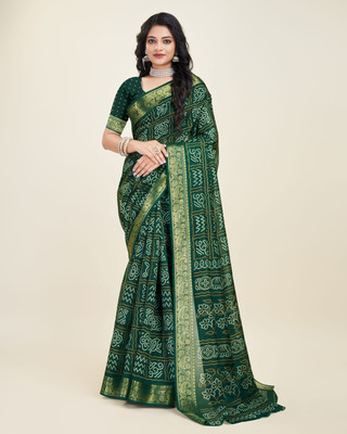 Sanjana Silks Geometric Print Chanderi Cotton Silk Saree(Green)