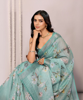 Janasya Floral Print Daily Wear Cotton Blend Saree(Green)