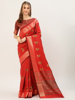 Tasrika Self Design, Embroidered Banarasi Cotton Silk Saree(Red)