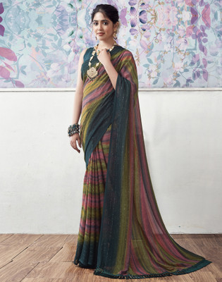 Divastri Printed, Striped Bollywood Georgette Saree(Green, Mustard)