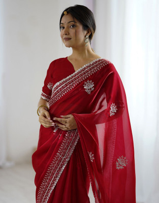 Satrani Embellished, Embroidered Bollywood Tissue Saree(Red)