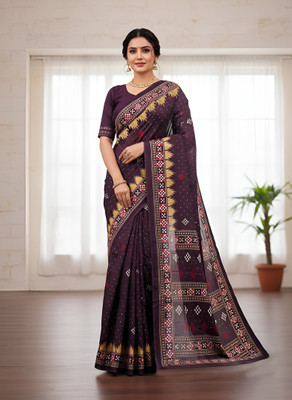 MULL SUTRA Blocked Printed, Hand Painted, Digital Print Daily Wear Pure Cotton, Cotton Blend Saree(Brown)