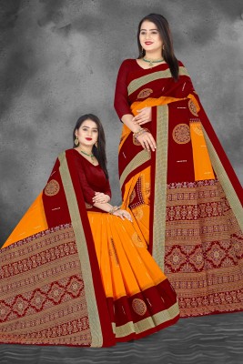 ETHNIC ODISHA HANDLOOM Printed, Digital Print, Geometric Print, Checkered, Polka Print, Graphic Print Sambalpuri Pure Cotton Saree(Orange, Maroon, Gold, Red)