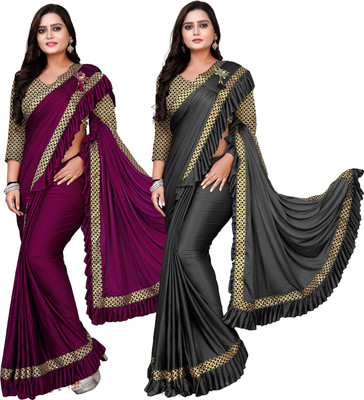 DECOFIN Woven, Solid/Plain Bollywood Lycra Blend Saree(Pack of 2, Purple, Grey)