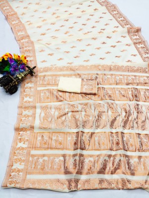 Ratnavali Woven, Temple Border Baluchari Cotton Silk Saree(Cream, Gold)