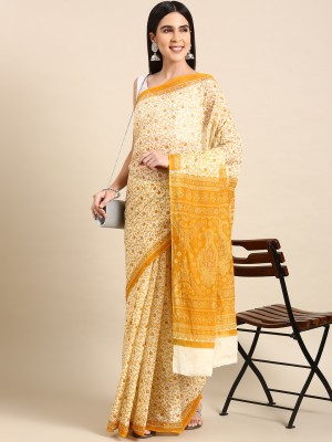 SHANVIKA Printed Daily Wear Pure Cotton Saree(White, Yellow)