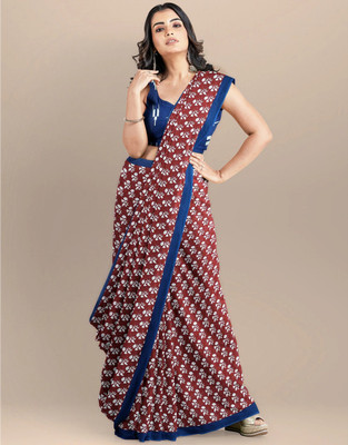 SUNDREESAREE Blocked Printed, Color Block, Floral Print, Printed Bandhani Pure Cotton Saree(Maroon)